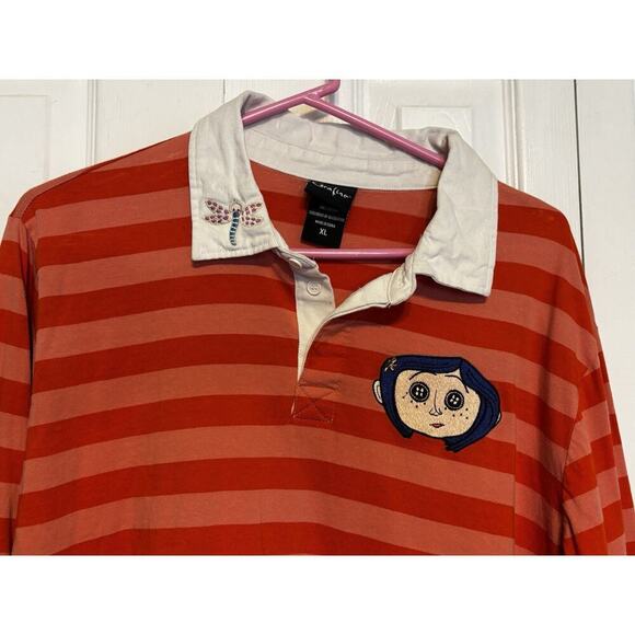 Coraline Rugby Shirt Pink Orange Dragonfly Stripes Long sleeve Xl Collared - Picture 2 of 6